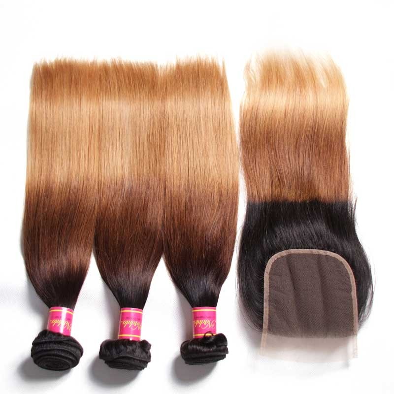 Idolra Human Virgin Hair Three Tone Ombre Straight Wave Hair 3 Bundles With Closure [324]